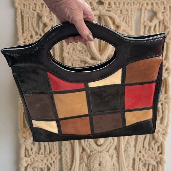 Vintage 60s Mod Colorblock Handbag • Faux Patent Leather Tote • Mondrian Pop Art - Picture 7 of 8